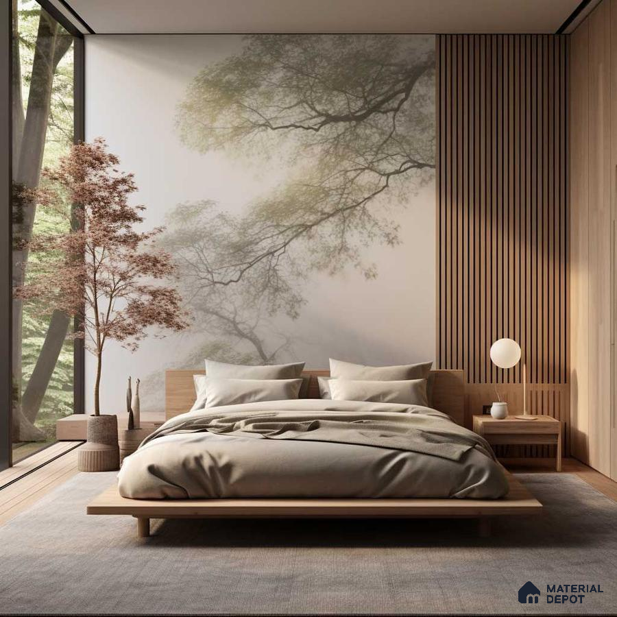 Zen-Inspired Bedroom with Forest Wall Mural and Wood Details | Material Depot